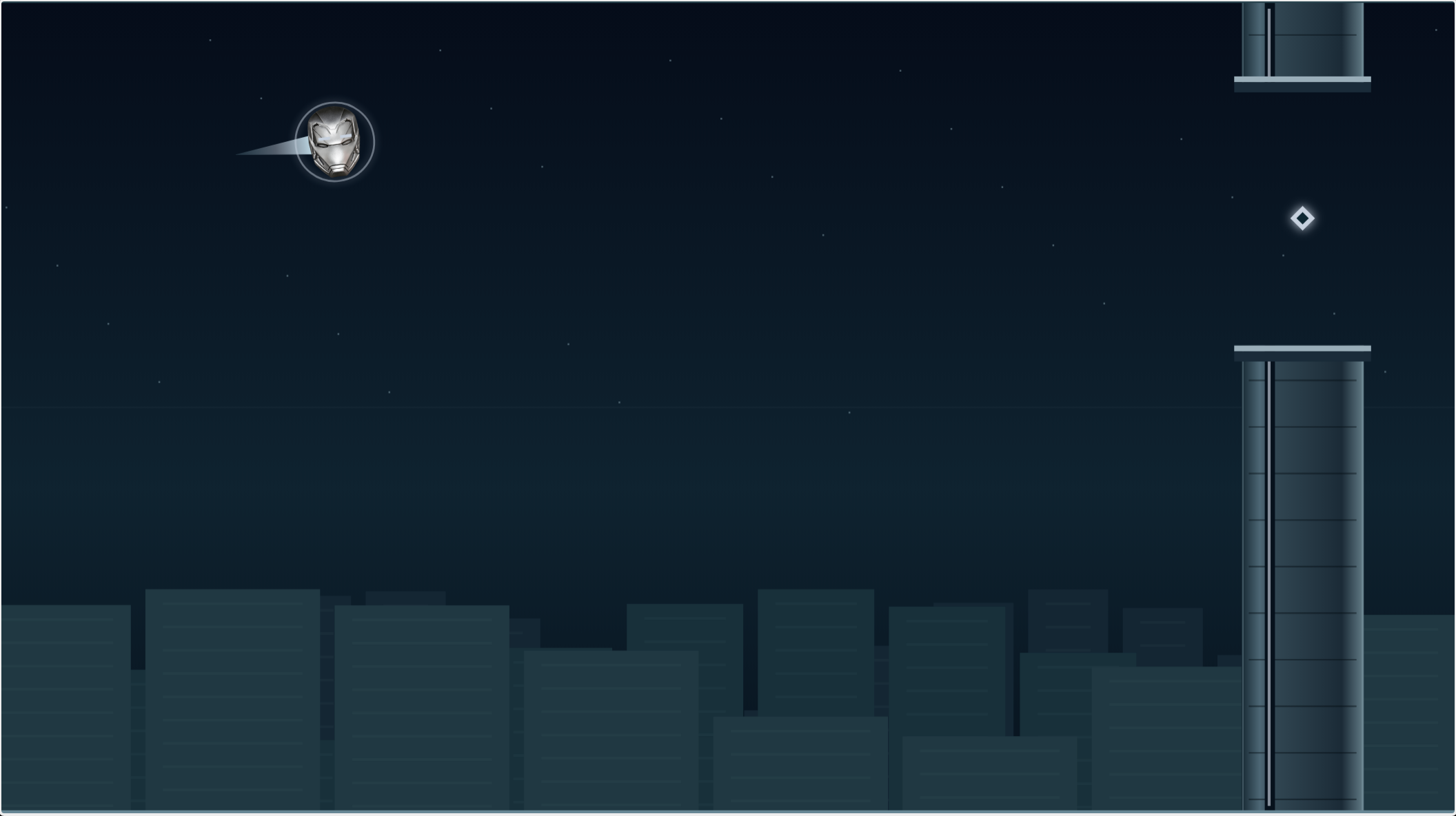 Jarvis’s silver face flying between futuristic towers