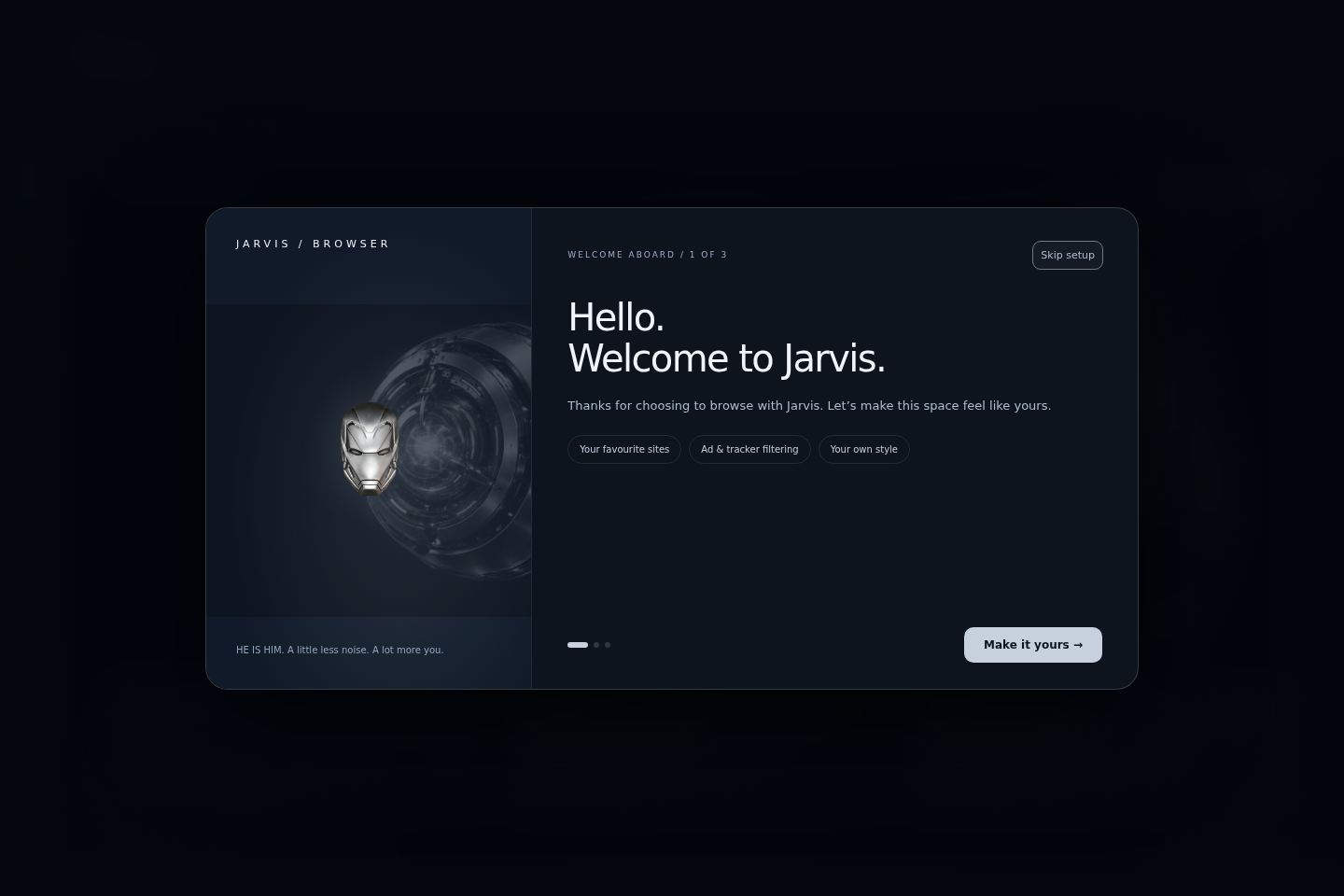 Three-step Jarvis Browser welcome setup