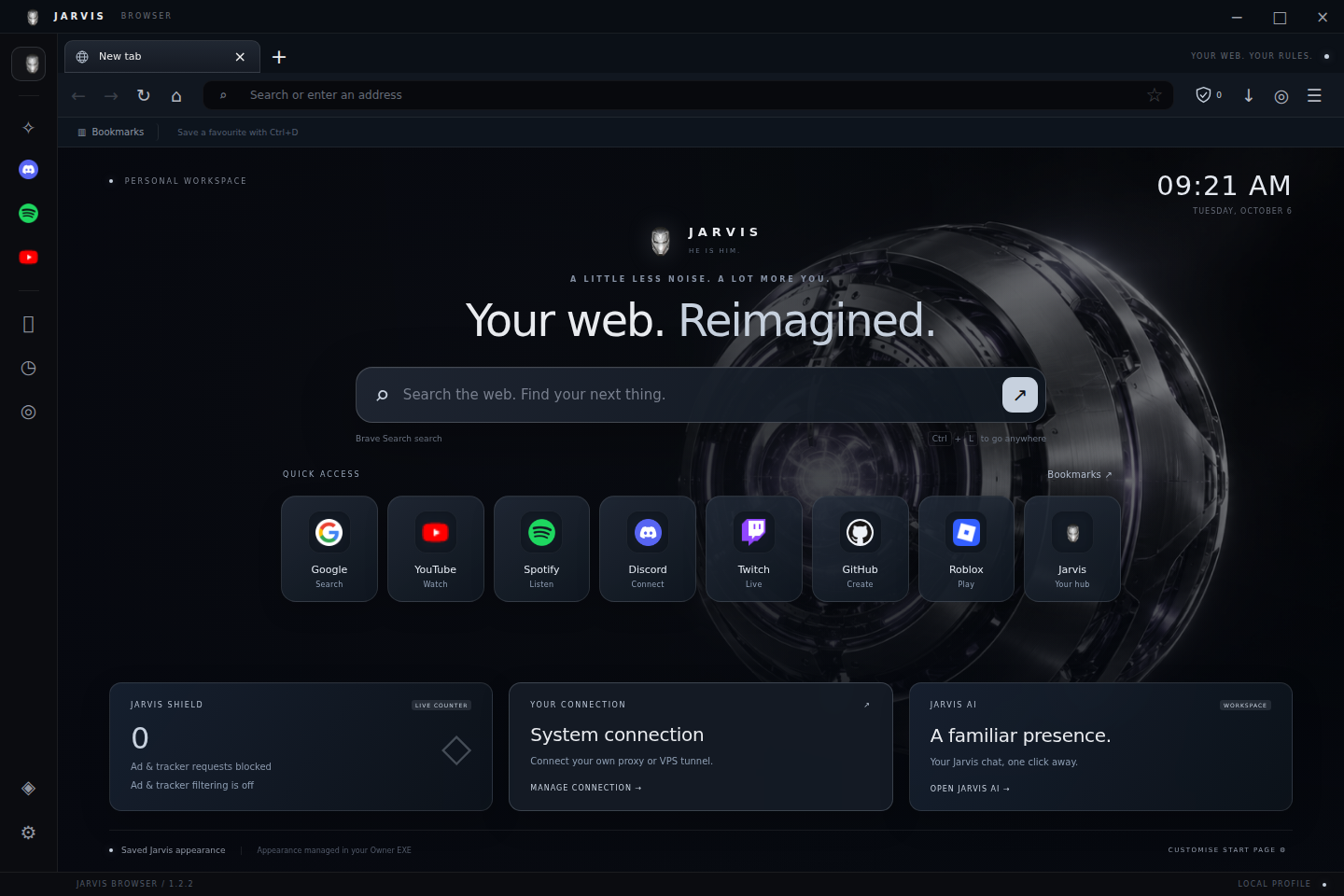 Jarvis Browser start page with its silver reactor wallpaper, site shortcuts and Jarvis Shield controls