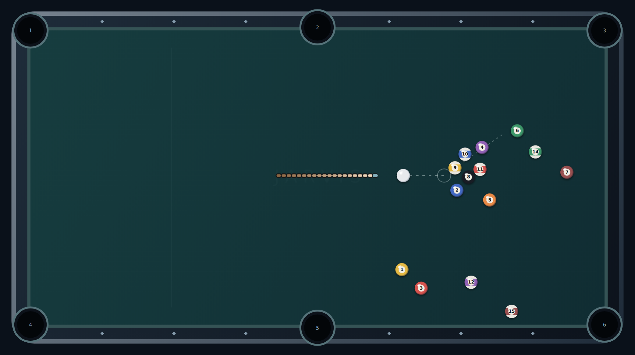 Jarvis 8 Ball table with metallic rails, shaded balls and an aiming guide